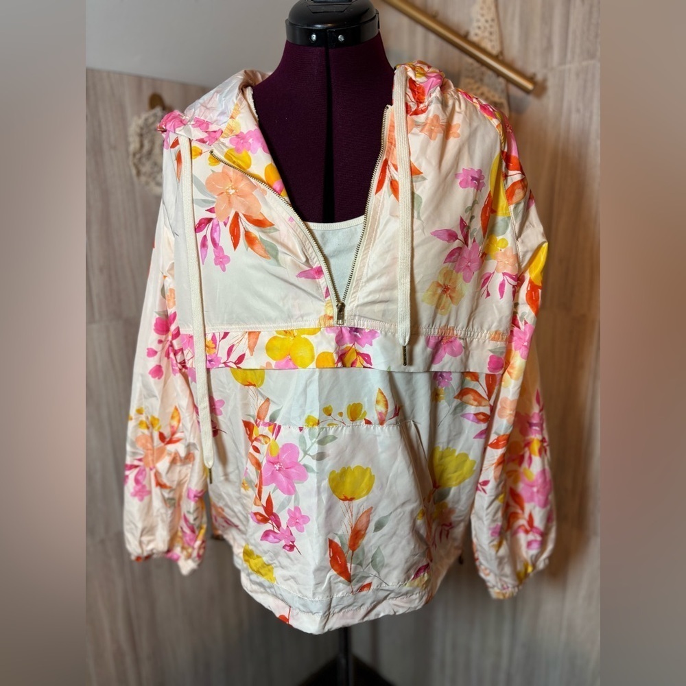 Main Strip Floral Patterned Hoodie Windbreaker Jacket